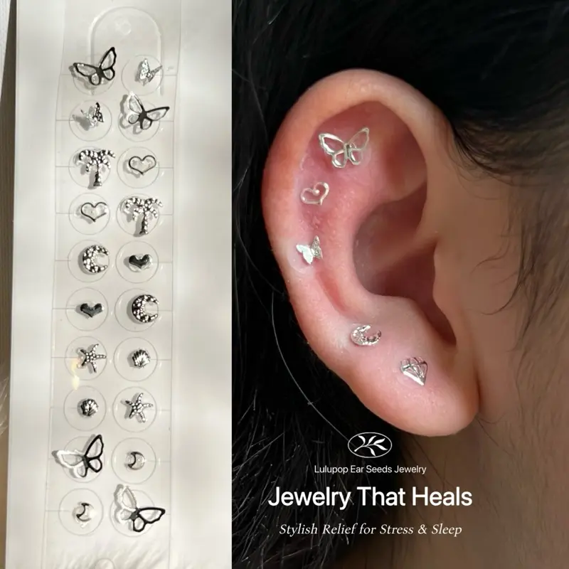Lulupop Ear Seeds Jewelry – Non-Piercing Magnetic Ear Seeds with Silver Butterfly, Moon, Heart & Star Charms | Auricular Point Stickers for Relaxation & Minimalist Style