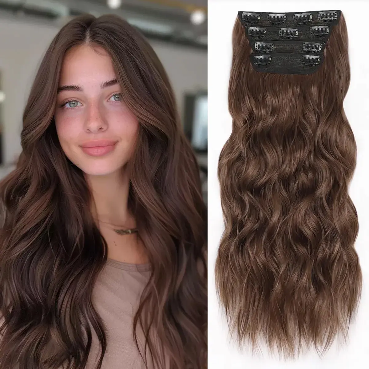 Clip in Hair Extensions 24inch Long Wave Hair Extensions Clips in 4PCS Syntheic,Easy to Install Soft and Natural Thick Hair Pieces for Women Daily Use and Party Use