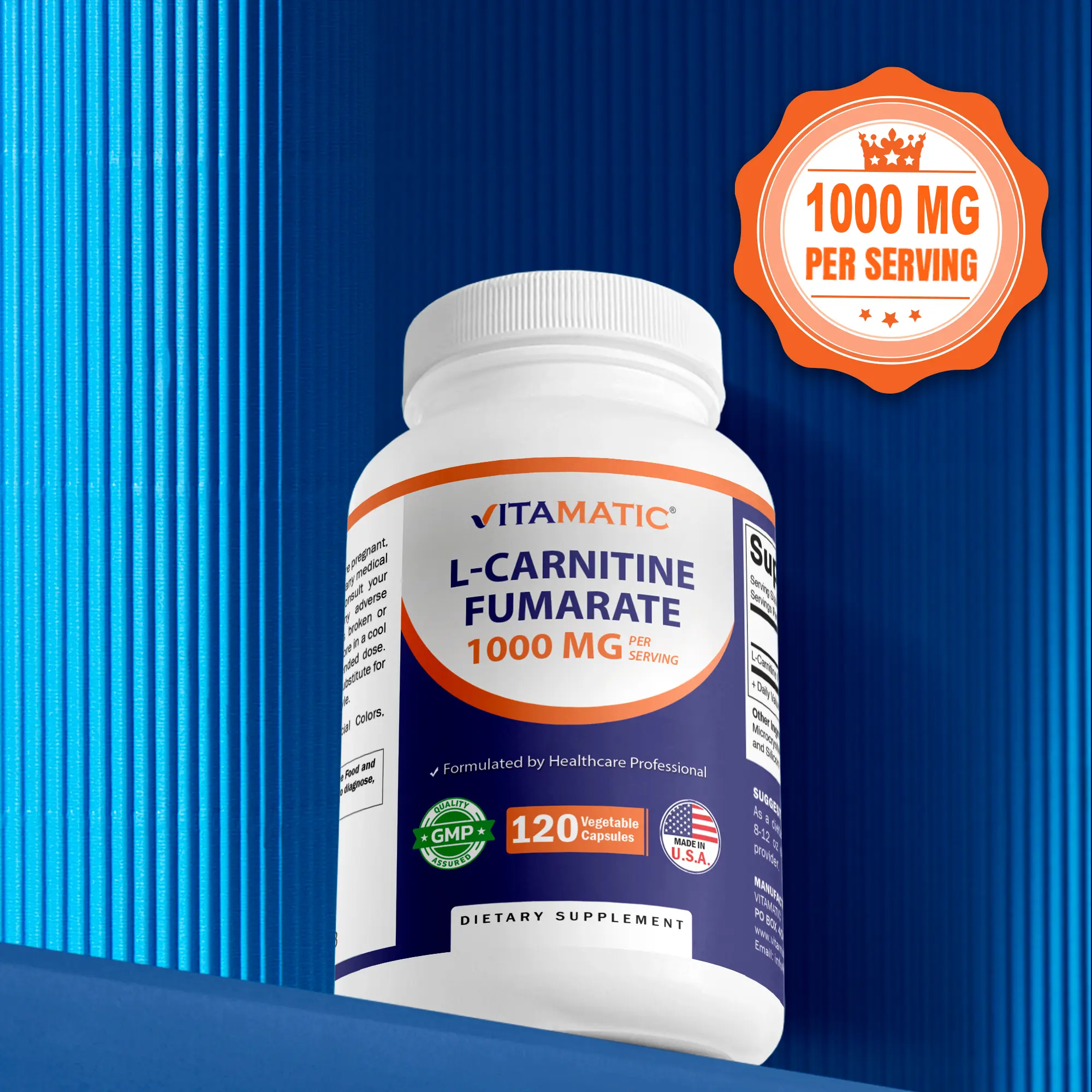 Vitamatic L-Carnitine Fumarate 1000mg Cellular Energy Supplement - 120 Vegetarian Capsules, Fitness Training Support, Daily Supplemental Nutrition Support Vitamatic L-Carnitine Fumarate 1000mg Cellular Energy Supplement - 120 Vegetarian Capsules, Fitness Training Support, Daily Supplemental Nutrition Support