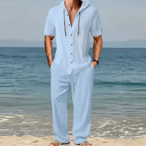 Men's 2-Piece Men's Wear Set - Hooded Short-Sleeve Plain Button-Up Shirt, Elastic Waist Drawstring Wide-Leg Trouser, Lightweight Breathable Linen-Blend Summer Loungewear for Beach Trips, Casual Daily Wear, Shortsleeve