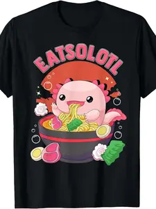 Eatsolotl Axolotl Eating Ramen Noodles Anime Ramen Lover T-Shirt| Same Style for Men And Women,  Summer, Short-Sleeved, Printed, Pure 220G, Crew Neck, Slight Stretch, Regular Fit, Perfect for Adults, Drawing Pattern.