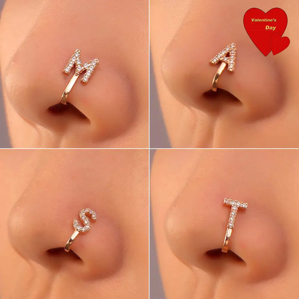 1 Piece A-Z LETTER Design Non-pierced Nose Clip, Rhinestone Inlaid Decorative Nose Ring, Fashionable Personality Accessories for Women and Girls Jewe