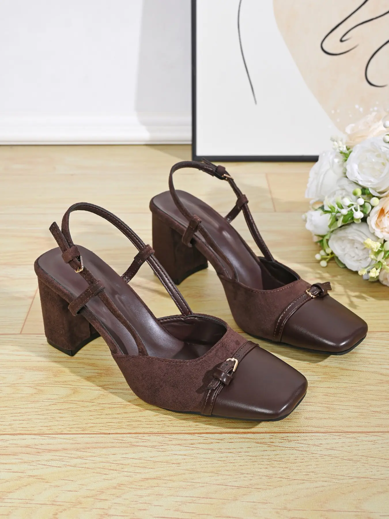Vintage Patchwork Square Toe Thick Heel Mary Jane Shoes, Sandal, Casual Comfy Sandals, Fashionable Heeled Sandals, Versatile Commuter Style, Perfect for Daily Wear and Office
