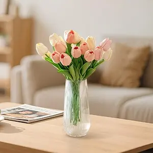 Taped Handmade Fluted Glass Vase - Minimalist Vases Clear Glass Vases Living Room Flower Arrangement Ornament for Home Decor, Vase with Stripes