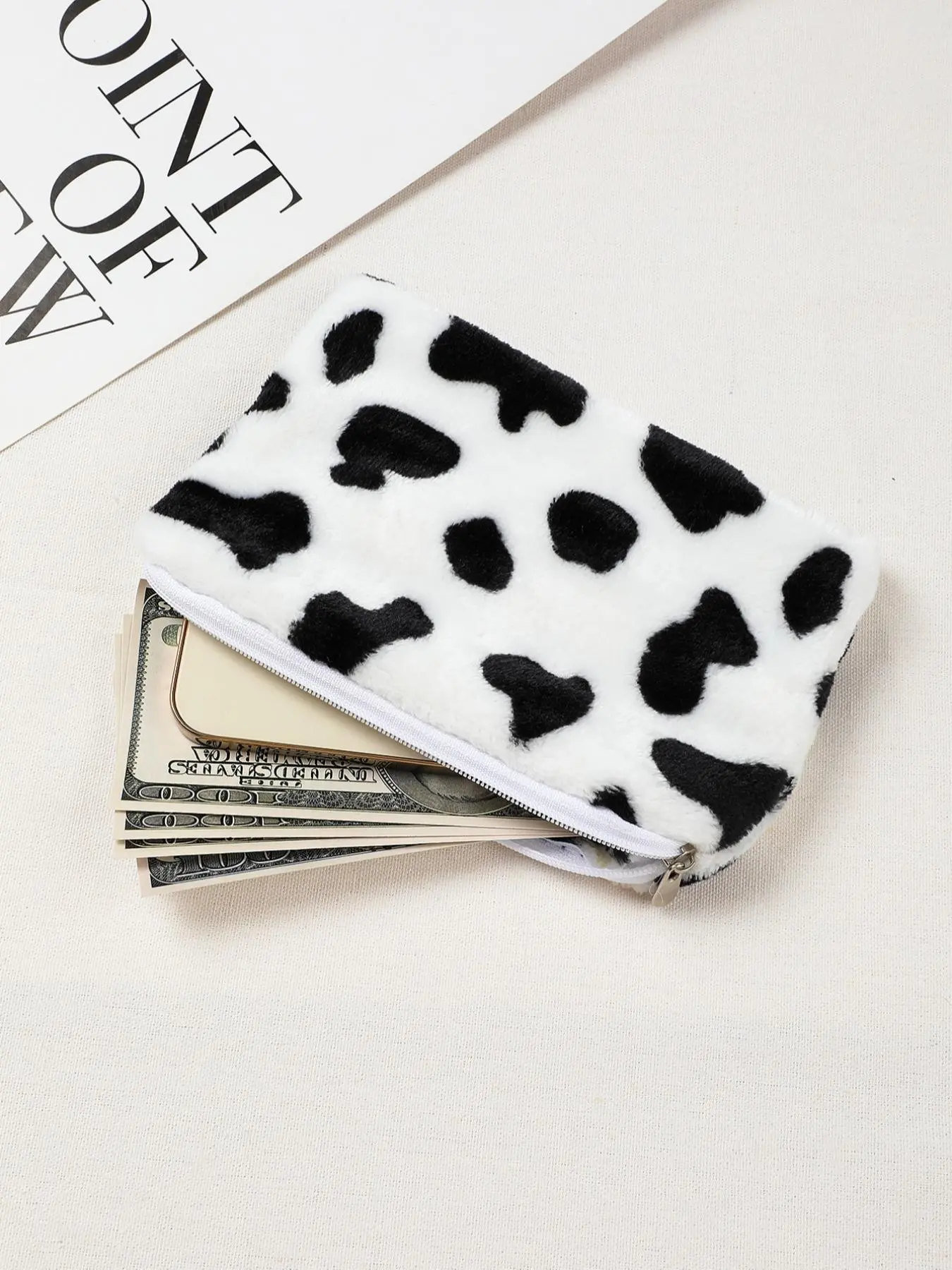 Cute Colorblock Cow Print Plush Zipper Wallet, Large Capacity Coin ...