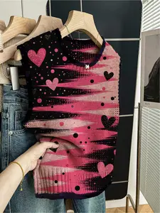 1 Piece Women's Loose Sleeveless Crew Neck Knit Top with Dark Blue Trim, Color Block & Heart Print, Spring & Summer Holiday Casual Style, Can Be Worn Alone or with a Vest, Suitable for Daily Outdoor Wear, Perfect for Valentine's Day, Womenswear, Knitwear