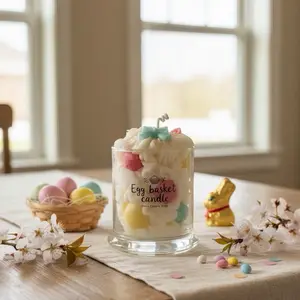 Egg Basket Candle -Smells like Easter flowers Perfect Easter Themed Candle with Pastel Colored Eggs and Bow Design for Festive Decor Ornaments Scented Aroma Perfume