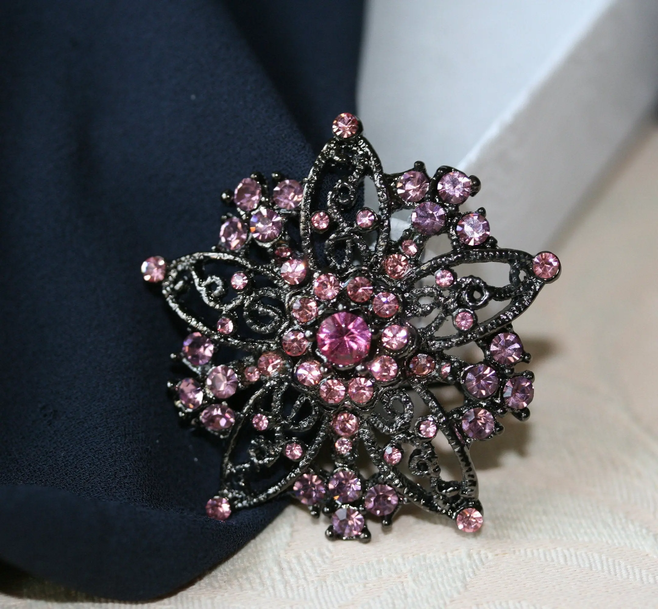 Vintage Floral Brooch for Women with Pink Crystal Rhinestones, 1.75in Metal Pin for Collar or Lapel, Jewelry For Women, Clothes Accessory, Crystal Stones, All Crystals In Place