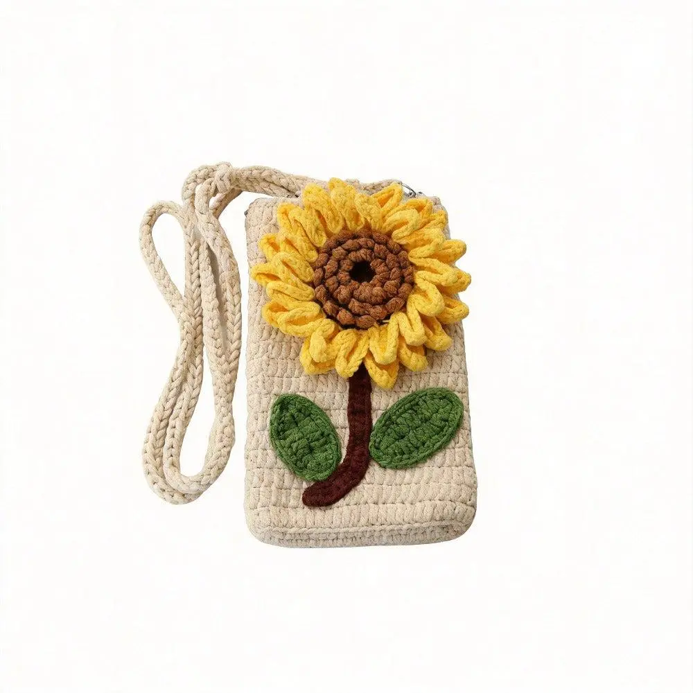 Handmade Crochet Sunflower Crossbody Phone Bag, Cotton Yarn, Boho Charm, Braided Crossbody Strap, Casual Farmers’ Market Accessory