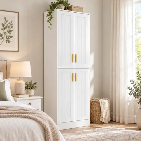67" Tall Sturdy Freestanding Wood Pantry Storage Cabinet - Contemporary Adjustable Shelves Kitchen Furniture with Microwave Stand, 2 Shelves, 4 Open Compartments, 20-25 Kg Capacity, Assembly Required Dry Storage Solutions for Living Room