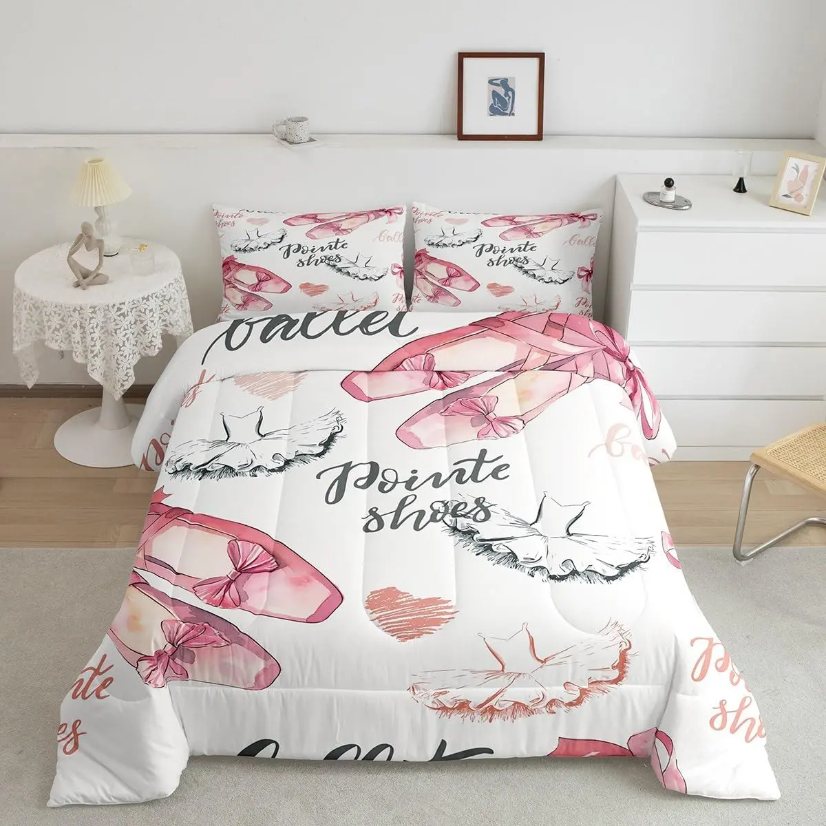 Feelyou Full Size Luxury Ballet Theme Microfiber Bedding Set - Soft Decorative Duvet Set with Ballet Shoes Design for Dancers, Trendy Pink White, Decorative Bedding Set