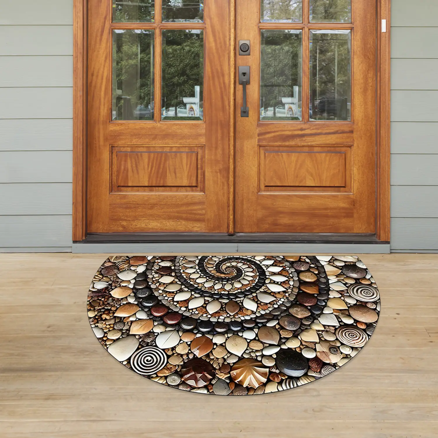 Half-Round Cobble River Stone Geometric Pattern Doormat with Doormat Design, Hand-Hooked, Non-Slip, Durable Decorative Rug for Indoor-Outdoor Home Entry, Garage, Outdoor Entrance Mat, Mat-Style Bath Mats