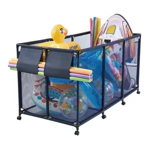 VEVOR Pool Storage Bin, 69 x 32 x 35 in, Rolling Pool Float Storage Organizer with Side Pockets & Noodles Holder, Durable Metal Frame, Poolside Toys Breathable Mesh Basket for Swimming Pools