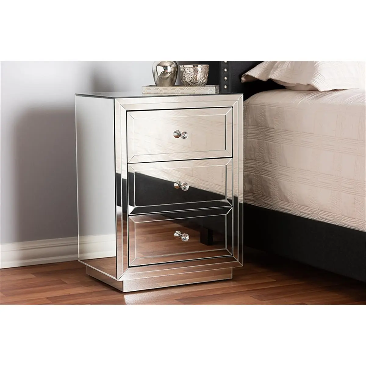 212 MAIN 3-Drawer Nightstand - Modern Contemporary Hollywood Regency Glamour Style, Beveled Mirrors, Mirror Finish, Fully Assembled Indoor Bedroom Side Table, Nightstands with Drawer