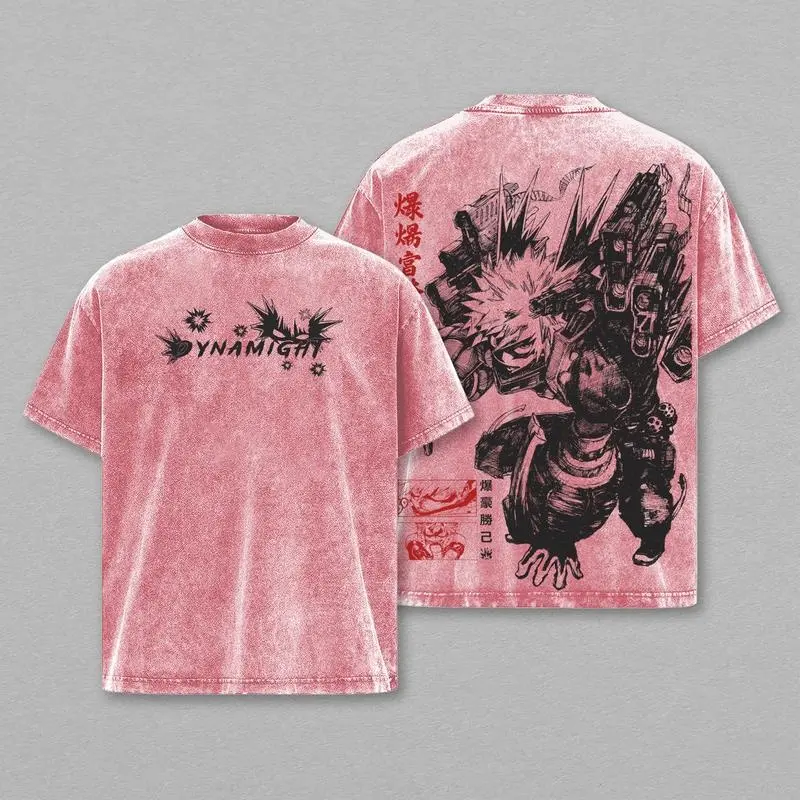 Katsuki Bakugo My Hero Academia Anime 2 Face Printed Vintage Washed Tee, Perfect Gift For Anime Fan, Unisex Oversize Anime Manga Washed Heavyweight Cotton T-shirt, Anime Merch A must-have for anime fans and enthusiasts