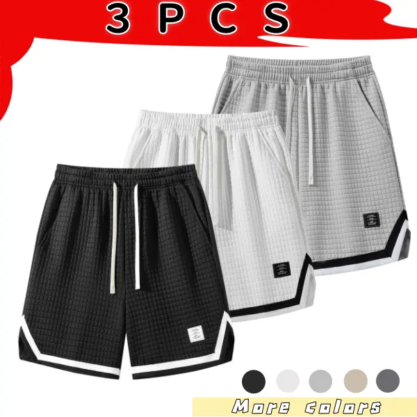 3-pack men’s waffle-texture basketball-style casual shorts—breathable for summer, skin-friendly, distinctive design, loose straight fit that flatters any body type; versatile mid-length shorts for sports, everyday wear, and outings. Quick-Dry  Athletic
