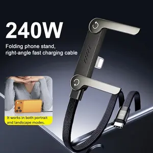 240w PD Foldable Phone Stand Data Line Charging Cable, Type-C to Lightning Fast Charge, 360 Degree Rotating Metal Hidden Stand, USB Transfer Cable 1.5m