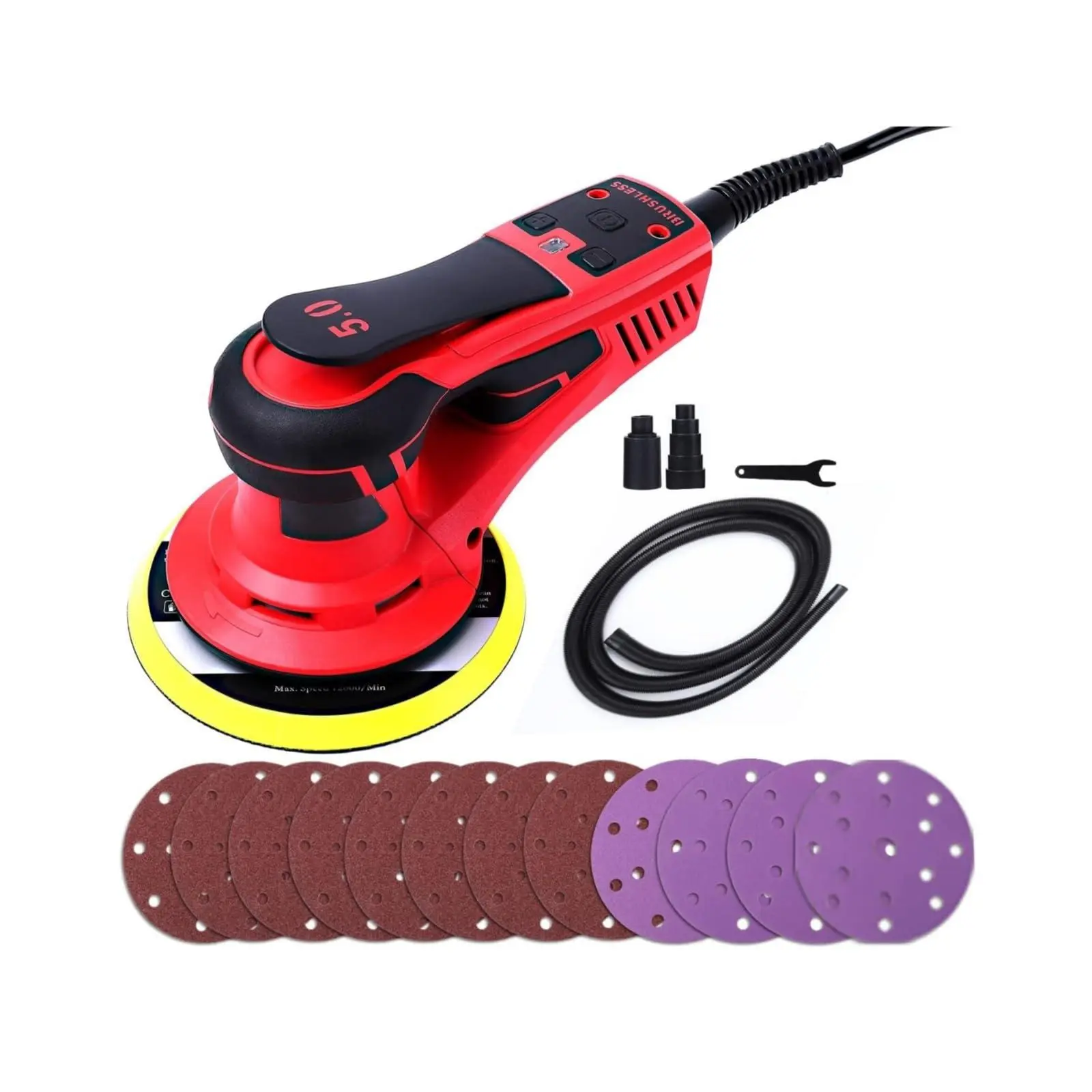 GARVEE 6-Inch Brushless Random Orbital Sander, 350W Powerful Electric Sander for Industrial Woodworking, 4000-10000 RPM 5-Speed Variable, 3/16" Orbit Low Vibration with Vacuum Hose & 12 Sandpapers