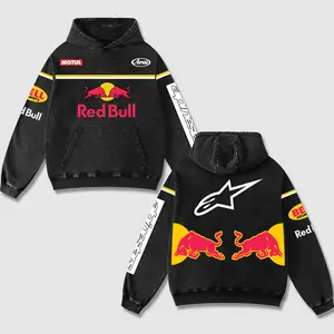 Retro Buffalo Red Racing Washed Hoodie Motor World Champion Enthusiast Apparel Streetwear Racing Team Super Motorsports Clothing Motobike Riders Supermotor Off-Road Dirt Bike Fan Gear Cotton For Motor Fan