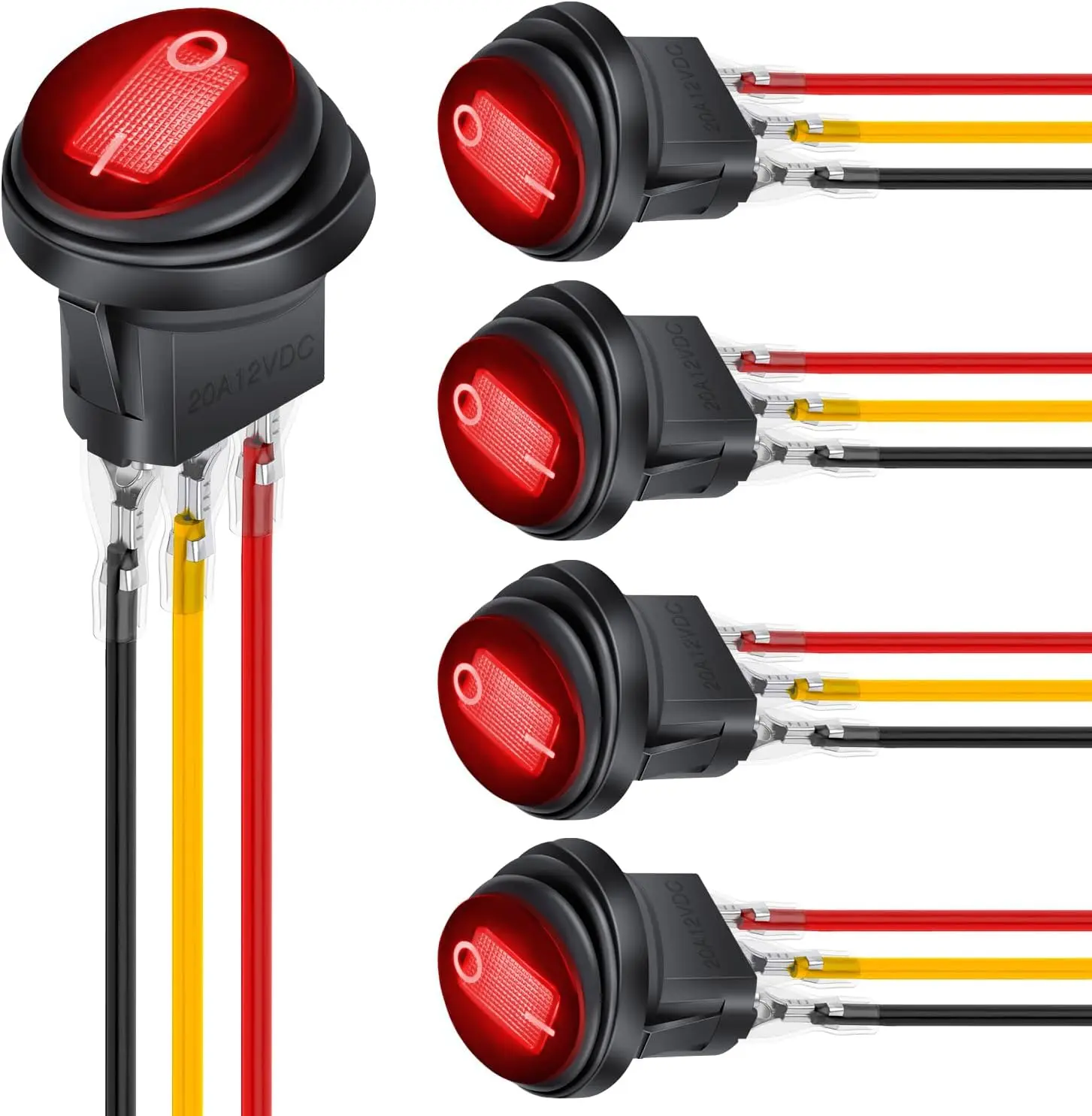 Nilight 5Pcs Round Shape Waterproof Metal-Plastic Rocker Toggle Switches with Red LED - 12VDC 20A, 3-Pin SPST ON-Off, Locked Terminals with Wires, Outdoor Safe for Car Automotive Use