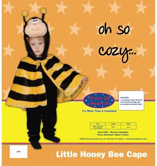 Dress Up America Men's Little Honey Bee Costume Clothes Set, Plush Polyester Cape with Attached Hood and Wings, Machine Washable Menswear, Bee Wings, Plush Cape, Outfits, All Occasions, Halloween, Bee Costume Tops