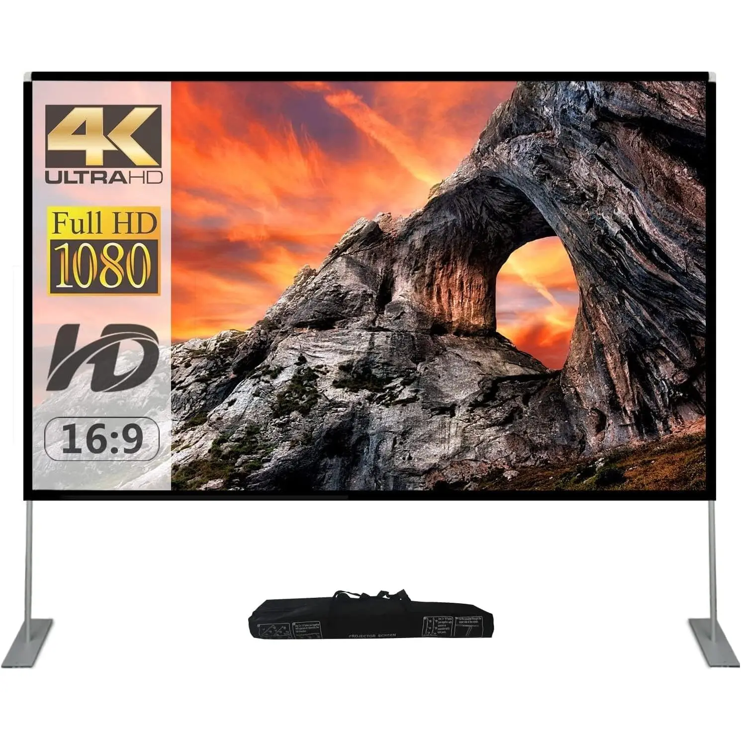 100-Inch Foldable Double-Sided Outdoor Projector Screen with Stand & Bag, Portable Projection Screen for Family Trips, Camping, Schools, Backyard Home Theater, Outdoor Movie, Polyester Fibre