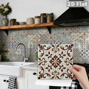 24PCS/Box Brown-White Retro Floral Decorative Tile Stickers | Peel & Stick Removable Waterproof Crystal Film