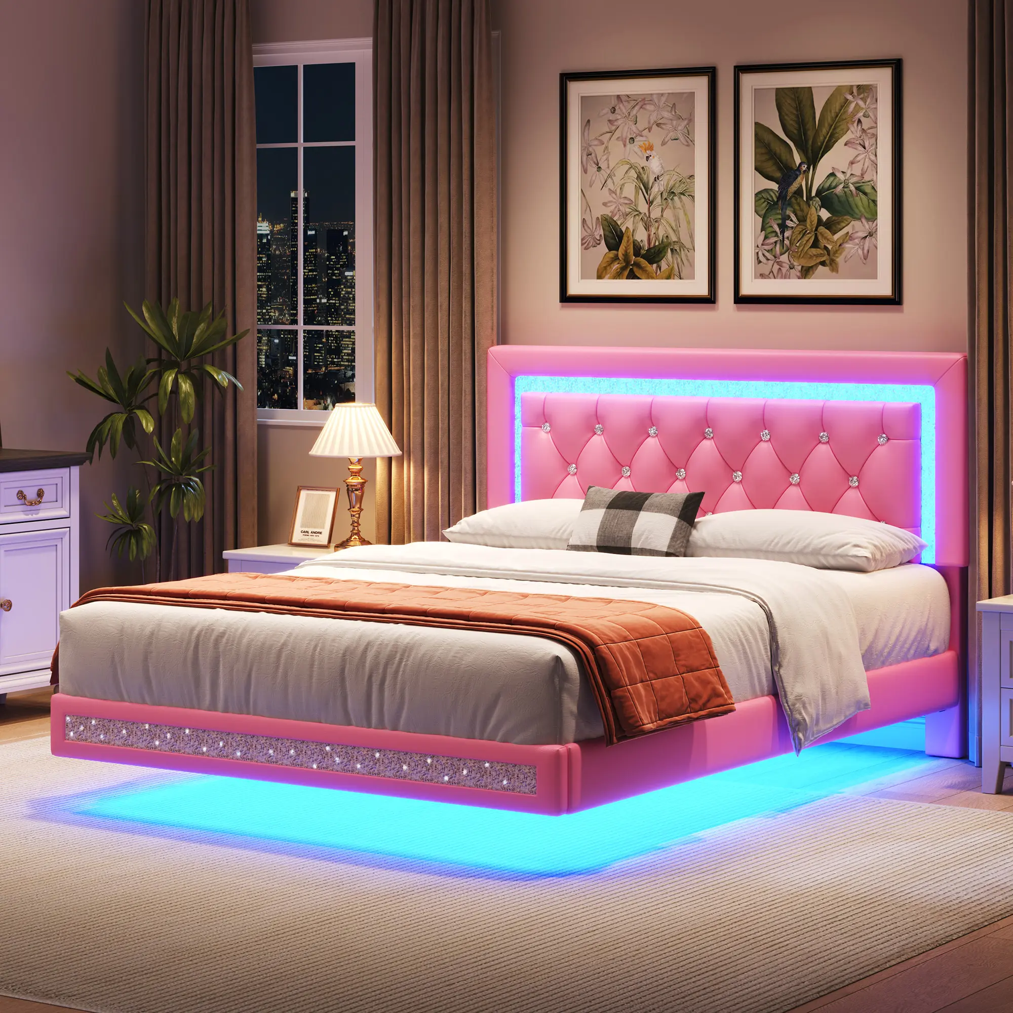 【Floating】TryLazy Floating Bed Frame with LED Lights Upholstered Modern Platform Bed Diamond Tufted Headboard Noise Free Comfort