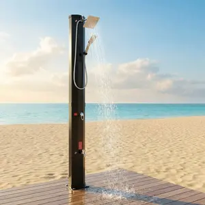 Arlopu 9.3/10.6/16 Gallon Solar Heated Shower, 7.1/7.4/7.5FT Height Outdoor PVC Freestanding Shower W/360 Rotating Rainfall, Handheld Head, Temperature Adjustment & Foot Faucet, for Pool, Backyard, Beach