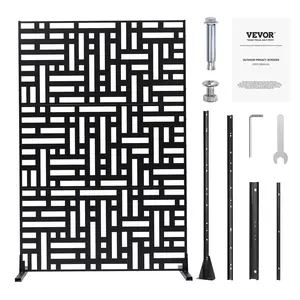 VEVOR Metal Privacy Screen, 47" H x 76" W, Outdoor Privacy Screens 3-Panel, Freestanding Outdoor Divider with Stand, Decorative Garden Steel Privacy Fence for Balcony Patio Indoor Room Hot Tub Black