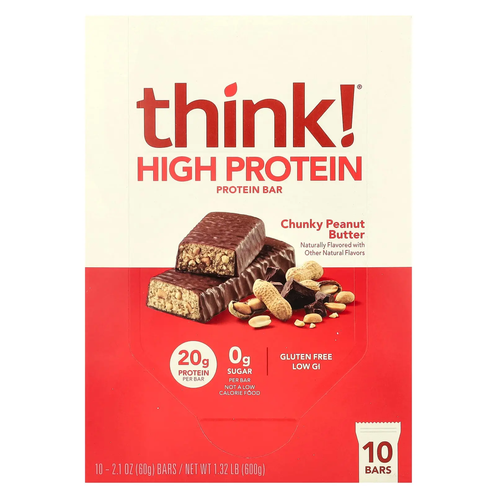 Think ! High Protein Bars, Chunky Peanut Butter, 10 Bars, 2.1 oz (60 g) Each