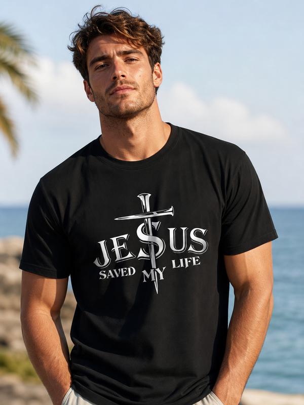 Men's Cotton Short-Sleeve Crew Neck Black T-Shirt - Faithful Quote Print, Silver Metallic Font Nail Cross Graphic, Normal Fitted Cut, Machine Washable Y2K Fashion Casual Streetwear, All Seasons Menswear Top