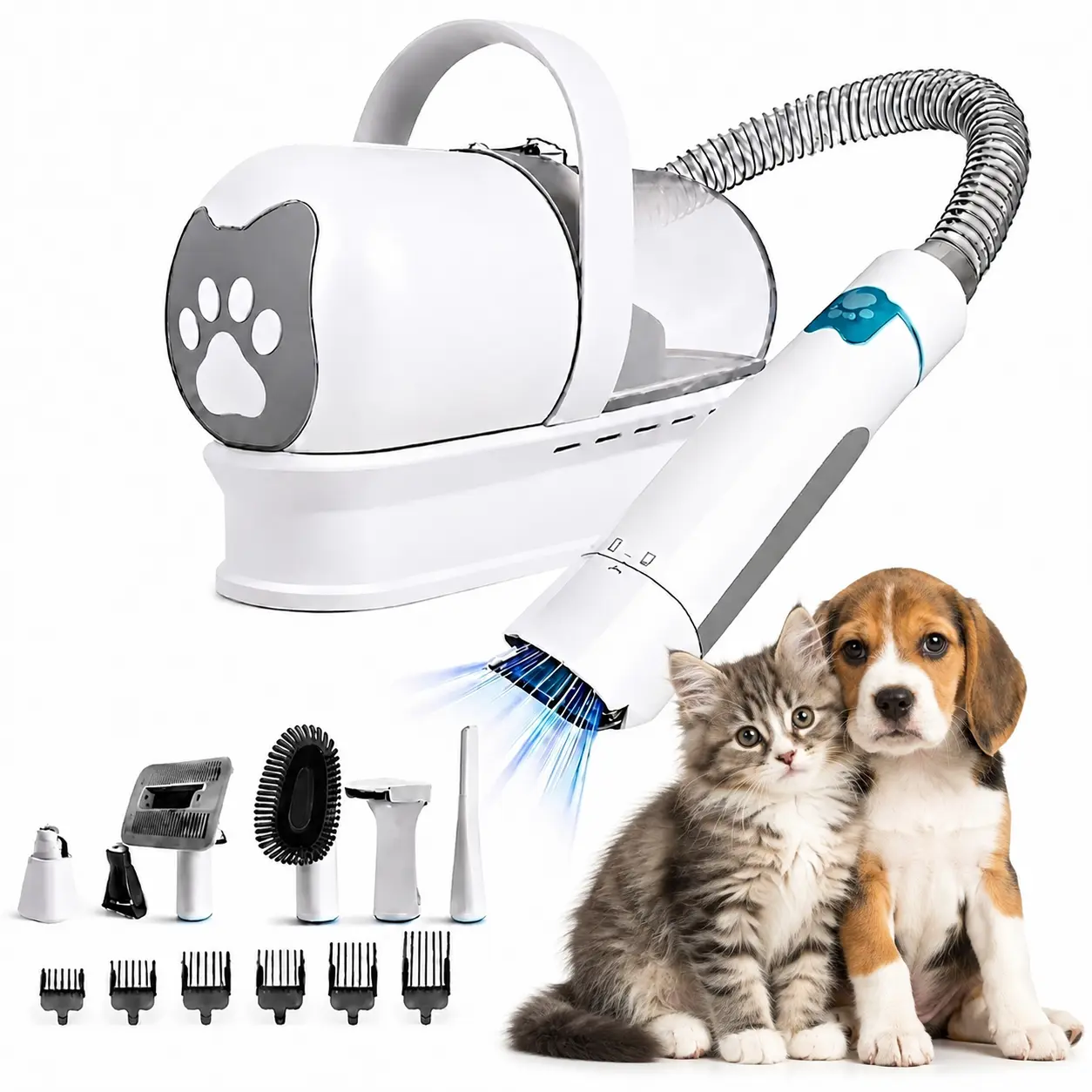 7-in-1 Pet Grooming Vacuum Kit for New Pet Owners, Safe Dog Hair Clipper & Nail Grinder, Foolproof Cat Groomer Vacuum
