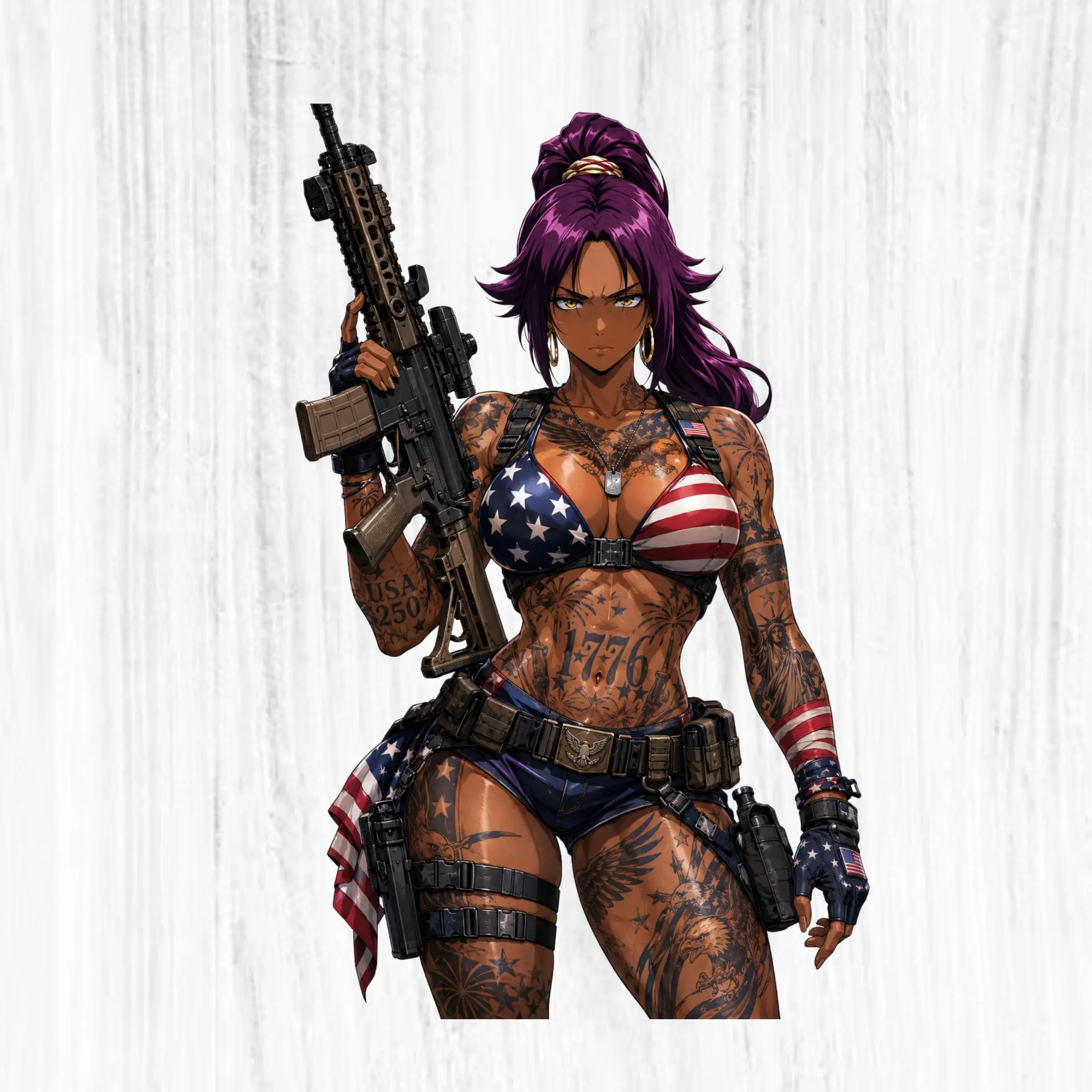 USA 250 Purple Hair Tactical Girl Sticker, Patriotic Anime Soldier With Rifle and Tattoos Decal