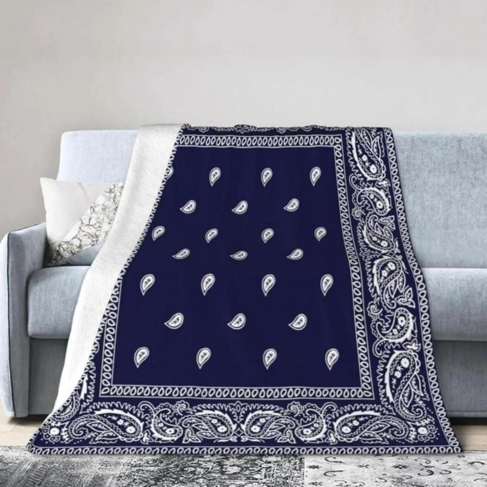 Bandana Blanket Soft Flannel Throw Blanket,Navy Blue Paisley Print Cozy Blanket for Bed Couch Sofa,Western Boho Room Decor Gift
