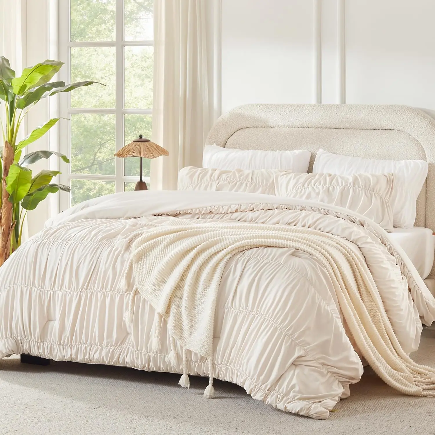 Ruched Beige  Comforter Set, Shabby Chic Pleated Bedding Sets 3 count, Lightweight Soft Boho Ruffle Bed Set for Girls, , Women,  Season