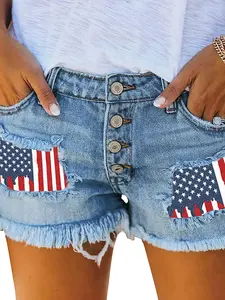 Women's Summer Washed Ripped Denim Shorts, Frayed Hem Sequins Ripped Jeans Hot Pants, Independence Day Flag Patch Print Button Fly Design, Womenswear