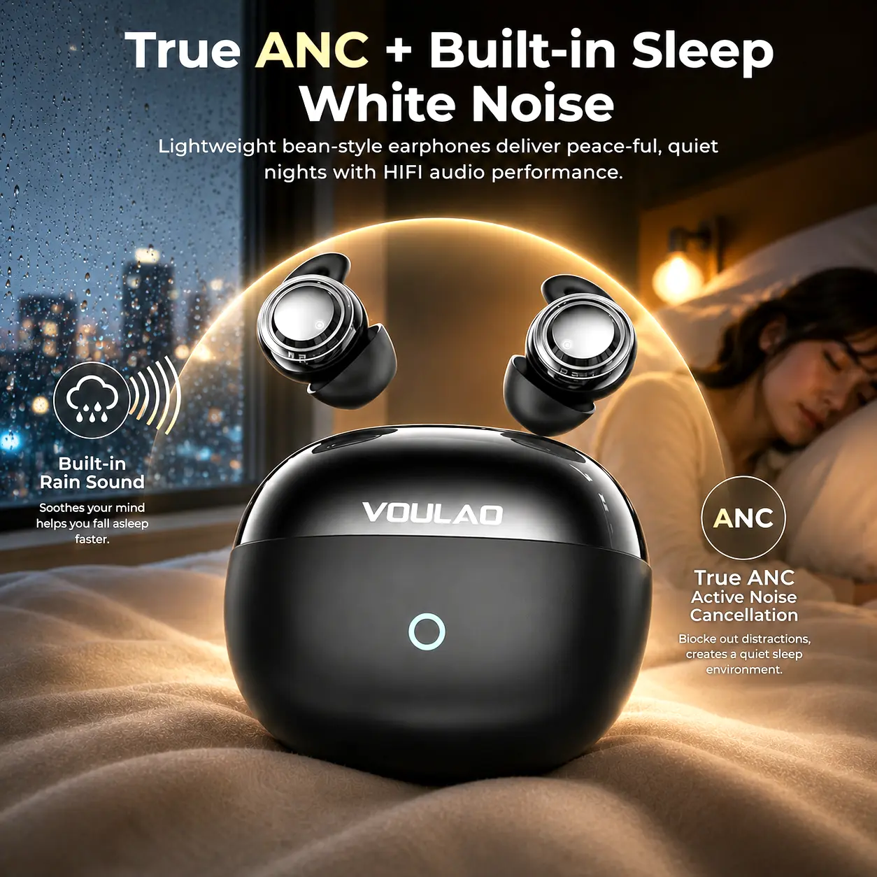 VOULAO Mini Sleeping Earbuds, ANC Noise Canceling Wireless Bluetooth Headphones,Built-in White Noise,with HD Mic,Comfort for Side Sleepers