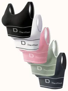5-Pack DanSheer High-Impact Sports Bras - Full Coverage Wireless Yoga & Running Bras, Breathable Nylon Blend, High Elasticity with Removable Pads, Machine Washable, Multiple Colors.
