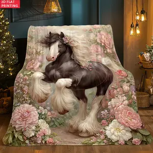 1-Piece Multi-Size Horse Print Flannel Blanket, 280GSM Soft Warm Fabric, Contemporary Look, Travel-Ready for Sofa & Camping, Family Gift