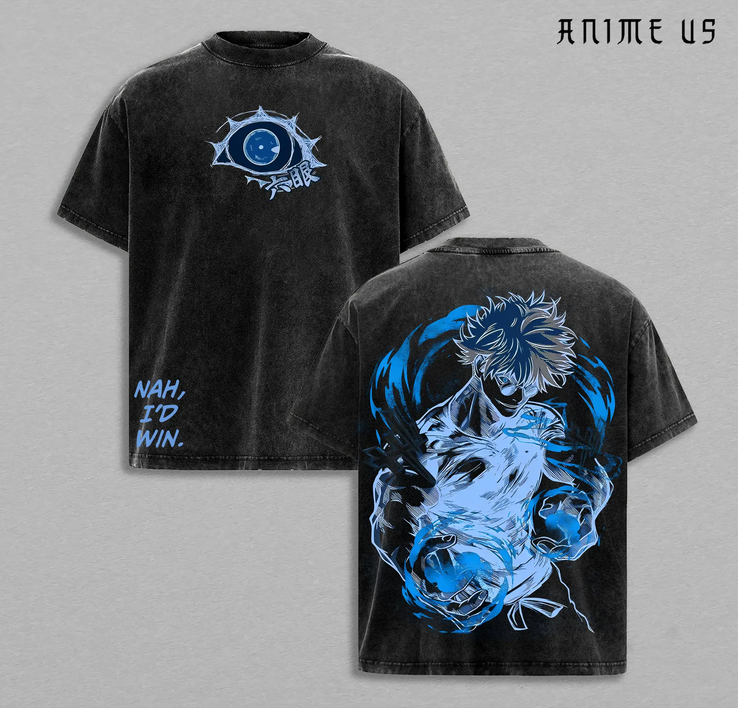 Gojo Satoru “Nah, I’d Win” Tee | JJK Anime Graphic T-Shirt | Vintage Washed Oversized Streetwear | Blue Cursed Energy Design | Jujutsu Kaisen Manga Fan Tee