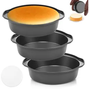 6 Inch 3PCS Carbon Steel Round Cake Pans With Handle, Nonstick Non-Toxic, 200 Parchment Papers Included, Easy Demolding Dishwasher Safe