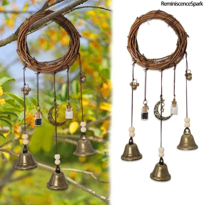 Wiccan Witch Protection Bells Black & White Jar Decor | Rustic Wreath Door Knob Hanging Ornament | Home Blessing Spiritual Protection Charm | Stylish Witchy Home Decoration for Entryway, Bedroom & Daily Spiritual Space