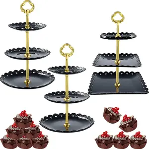 3 Sets of 3 Tier Serving Tray 3 Tiered Dessert Stand Wedding Cupcake Stand PP Plastic Cupcake Holder Dessert Tray Cake Fruit Candy Table Display Set for Birthday(Black)
