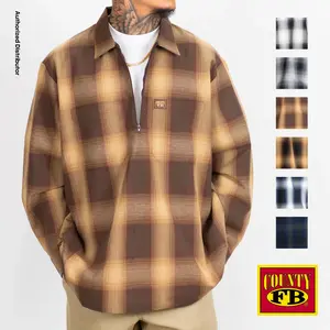 FB COUNTY Men's Checker 1/2 Zip Shirts FBCOUNTY Long Sleeve Shirts Checkered Patterns Collared Shirt 2 Pockets Hip Hop style Loose Fit Chicano