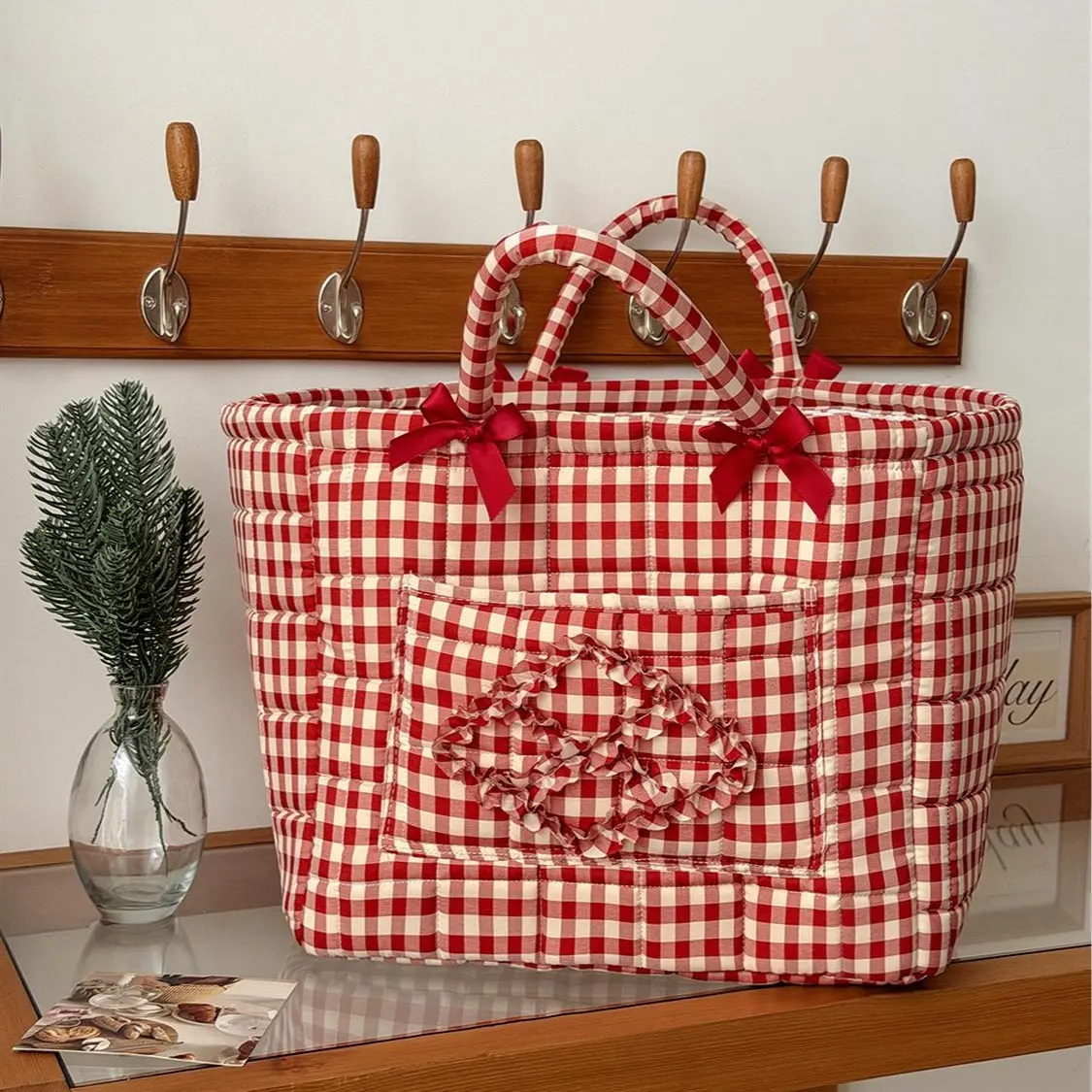 Vintage French Quilted Farmhouse Storage Basket with Bow Handle - Foldable, Washable Fabric Organizer Bin for Home Toys, Clothes
