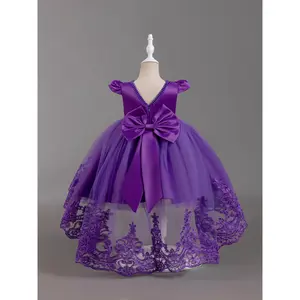Asymmetrical Sweet Purple Lace Patchwork Short Sleeve Girls' Formal Dress with Puffy Sleeves, Gorgeous Gown for Stage Show, Performance, Birthday Party, Fashionable Outfit