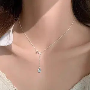 Blue water droplet tassel necklace, women's accessory, light luxury, niche temperament, pull-out adjustable collarbone chain
