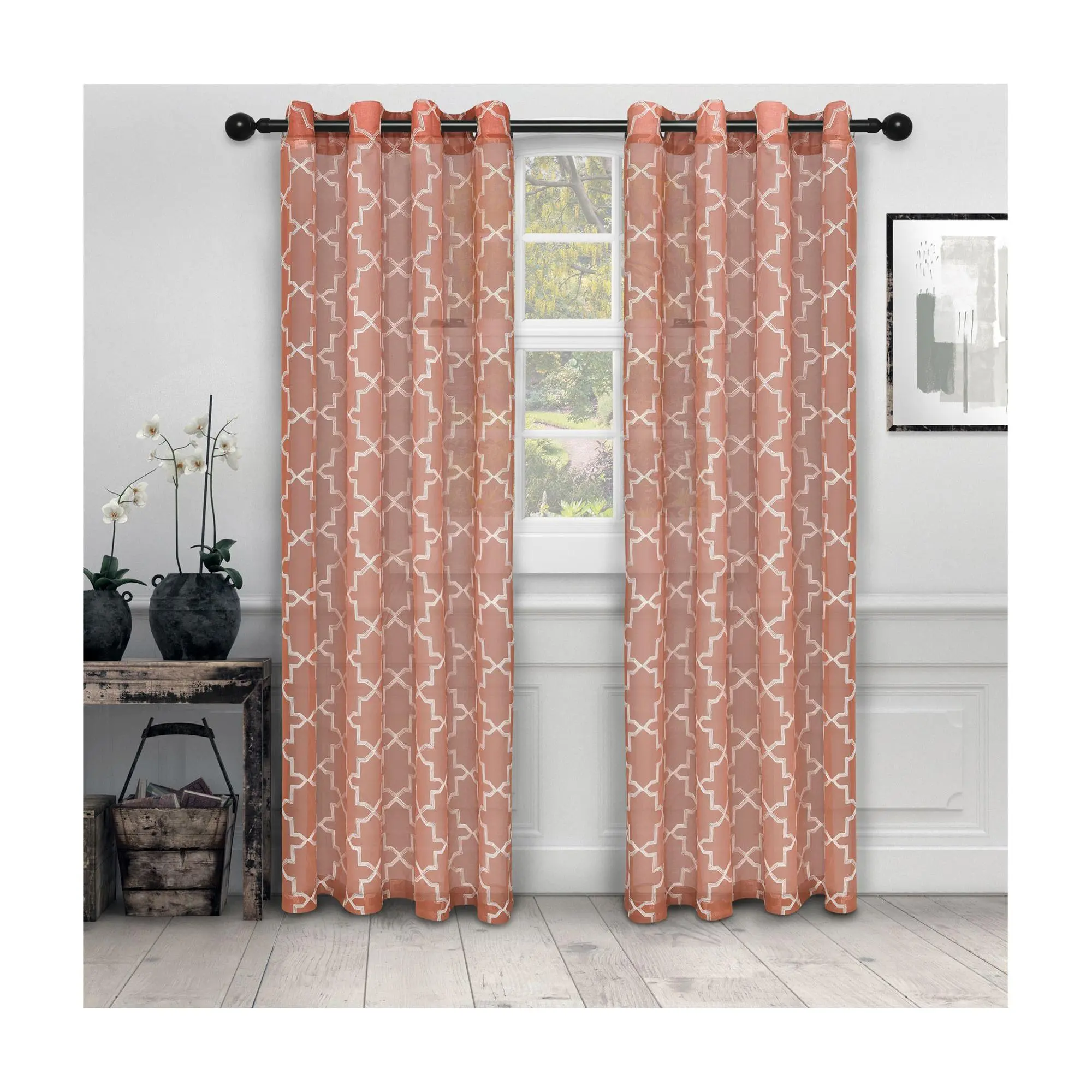 Superior Embroidered Quatrefoil Sheer Curtains, 52" x 96"