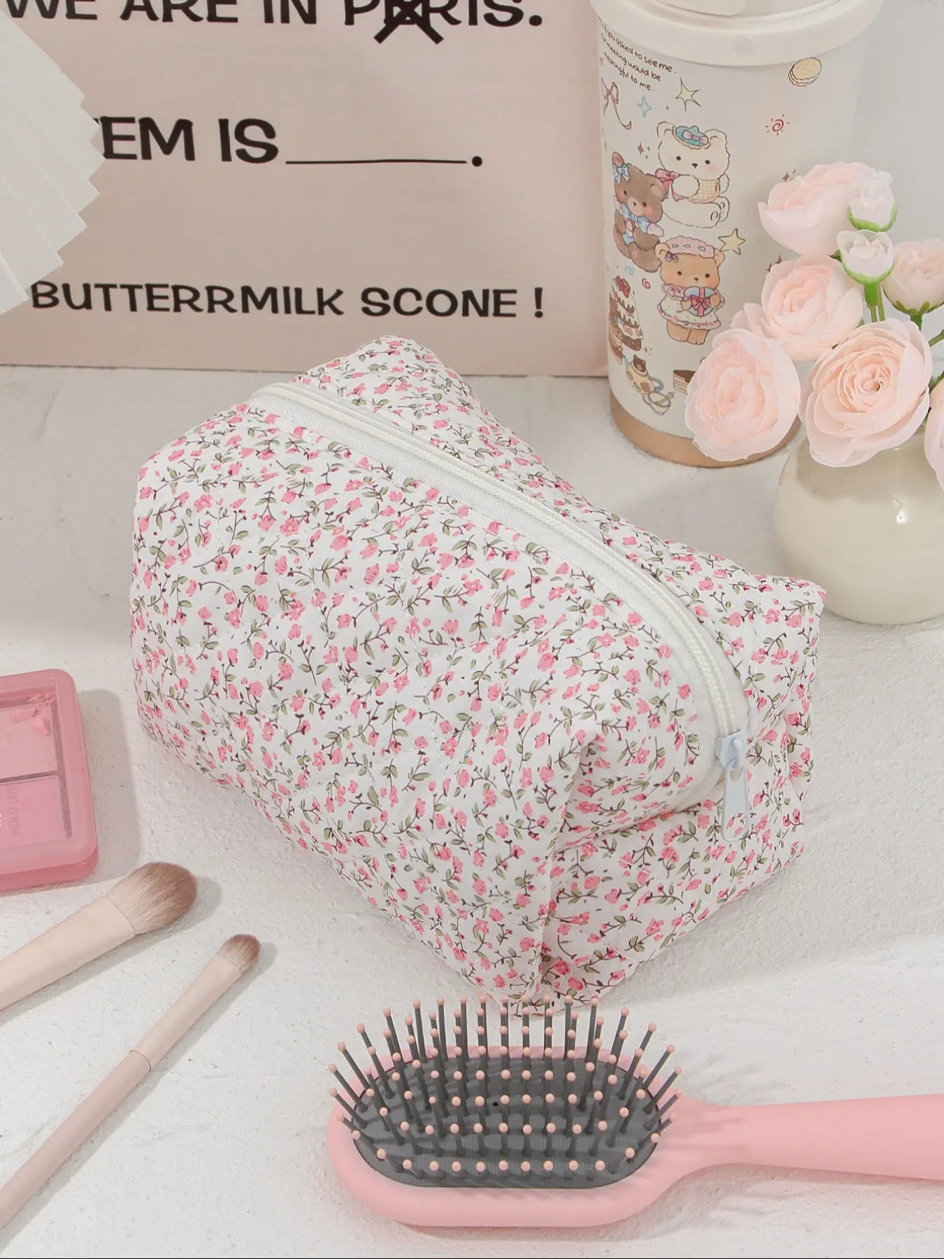 Floral Pattern Quilted Makeup Bag, Portable Cosmetic Storage Bag, Cosmetic Holder, Makeup Accessories Organizer, Zipper Makeup Organizer Pouch, Versatile Storage Bag for Travel & Vacation, Beauty Organizer